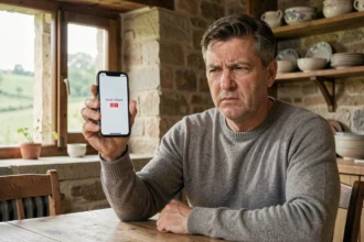 Homme en zone blanche tenant un smartphone sans réseau dans une maison rurale