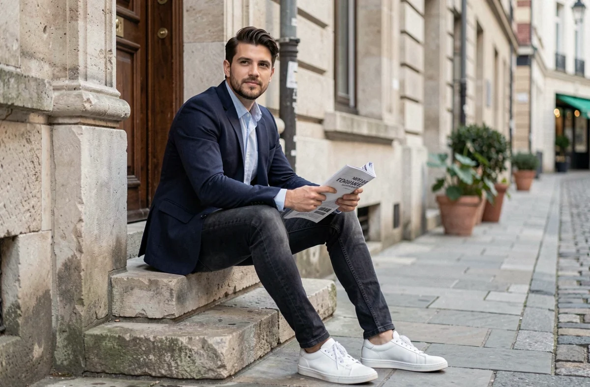 Homme bien habillé en blazer marine assis sur des marches en pierre, exemple de bon style vestimentaire masculin en ville
