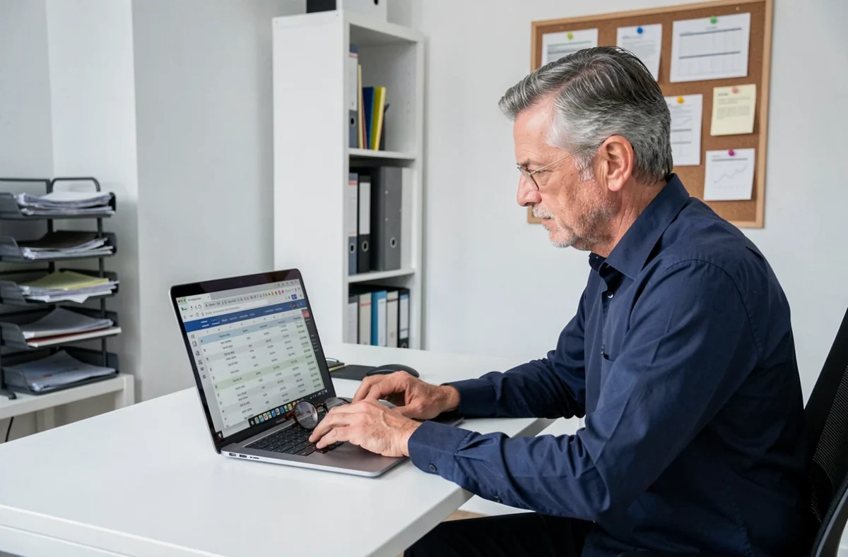 Homme travaillant sur un tableau de comptes dans un bureau à domicile avec un ordinateur portable