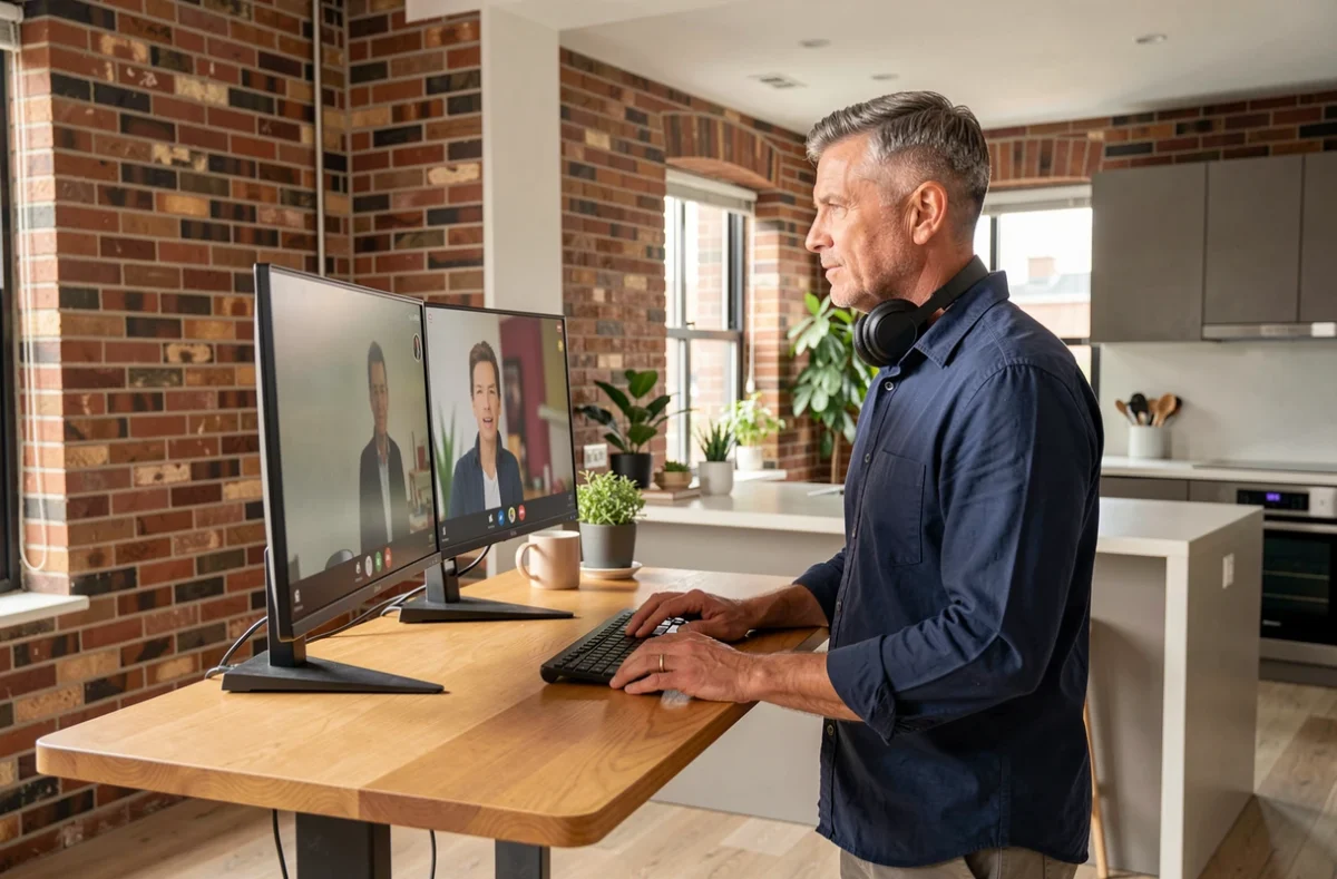 Homme en télétravail debout à son bureau réglable dans un appartement moderne avec double écran