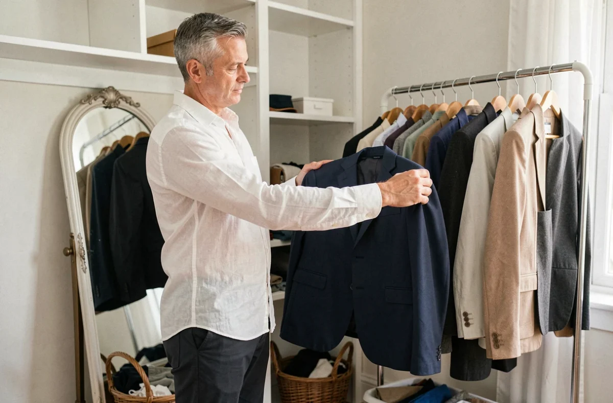 Homme d'âge mûr inspectant un blazer près d'un portant à vêtements dans un dressing ordonné lors d'un tri de garde-robe