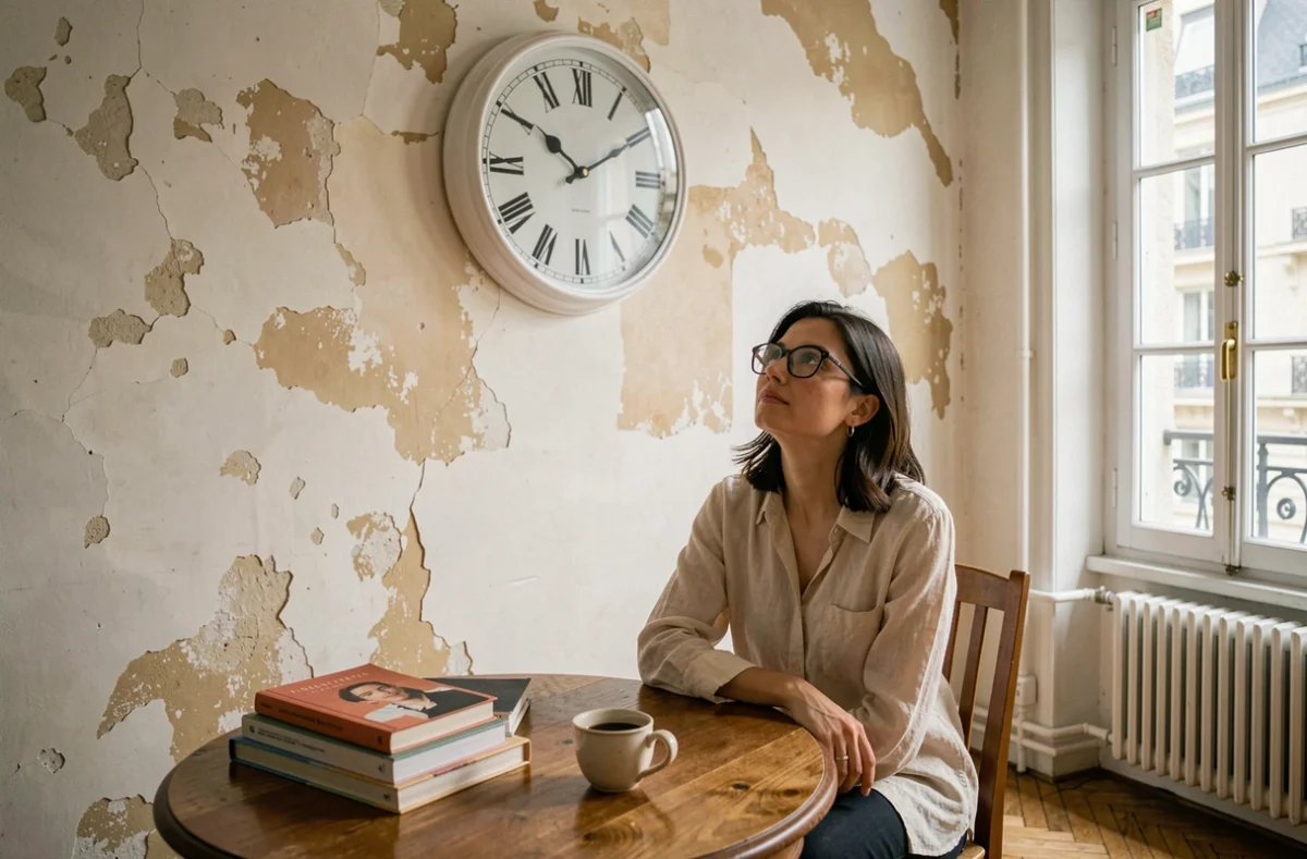 Horloge murale classique dans un appartement parisien avec une femme regardant l'heure, évoquant le tic-tac du temps qui passe