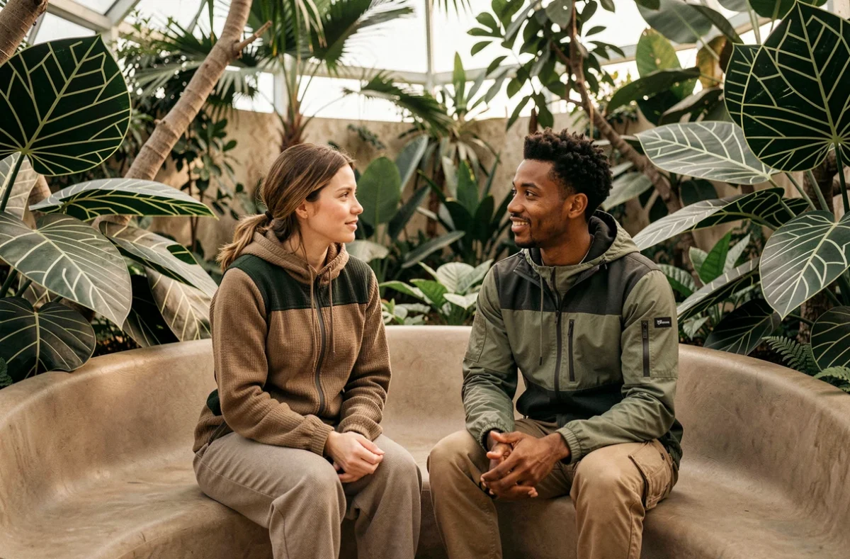 Deux personnes du futur conversant dans un biodôme végétal ingénié, représentant l'évolution humaine et l'adaptation environnementale
