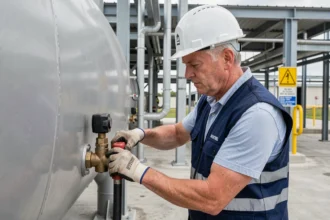 Ingénieur inspectant un réservoir de stockage d'hydrogène haute pression dans une station de ravitaillement industrielle