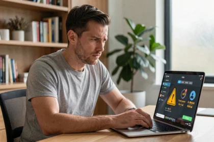 Homme frustré face aux inconvénients d'un VPN sur son ordinateur portable