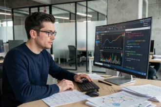 Ingénieur logiciel analysant des graphiques de paramètres de modèles LLM sur un écran d'ordinateur dans un bureau moderne