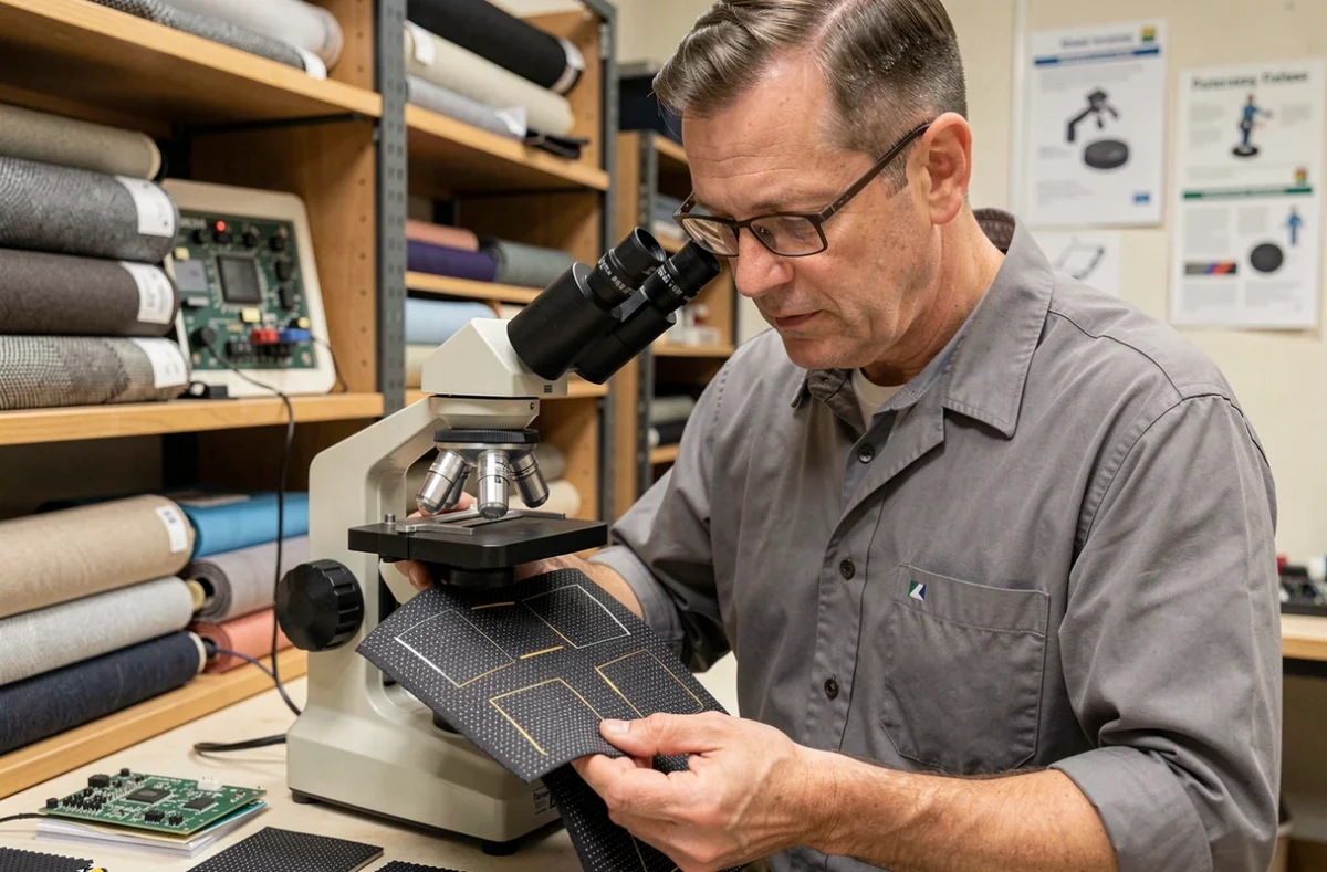 Ingénieur textile analysant un échantillon de tissu intelligent avec fils conducteurs sous microscope