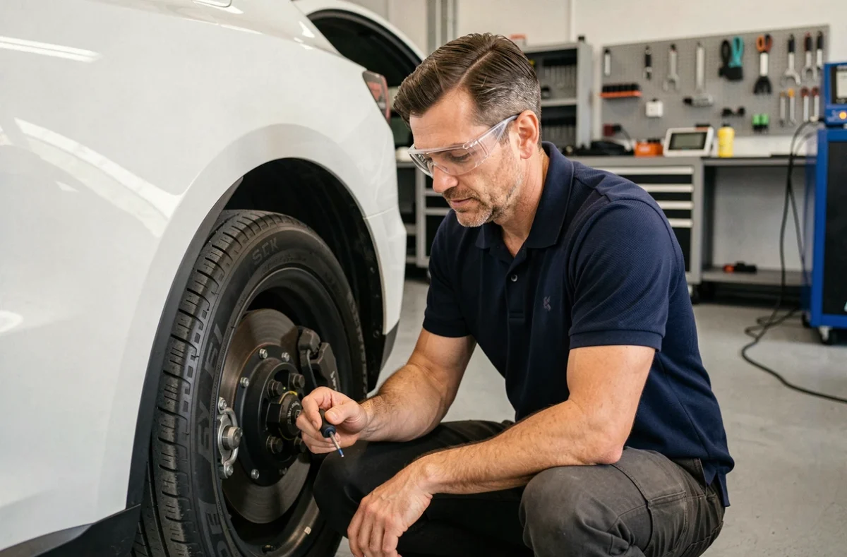 Ingénieur automobile inspectant le système de freinage régénératif d'une voiture électrique dans un atelier