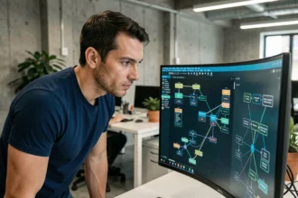 Ingénieur logiciel analysant un diagramme de système autonome sur un grand écran dans un bureau moderne