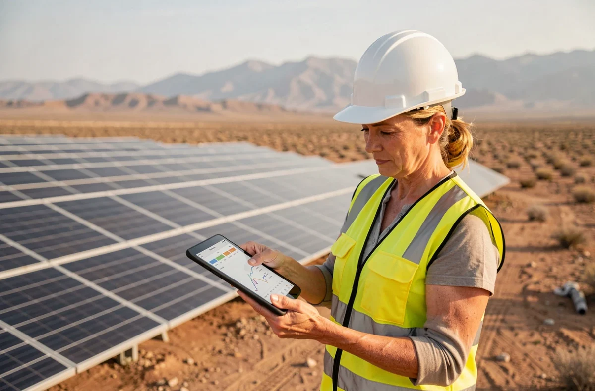 Ingénieure énergétique inspectant un champ de panneaux solaires sur un plateau aride, représentant la transition vers 100% d'énergies renouvelables