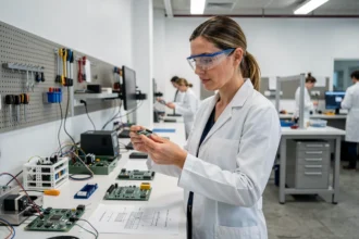 Ingénieure en blouse blanche examinant un prototype électronique dans un laboratoire d'innovation technologique