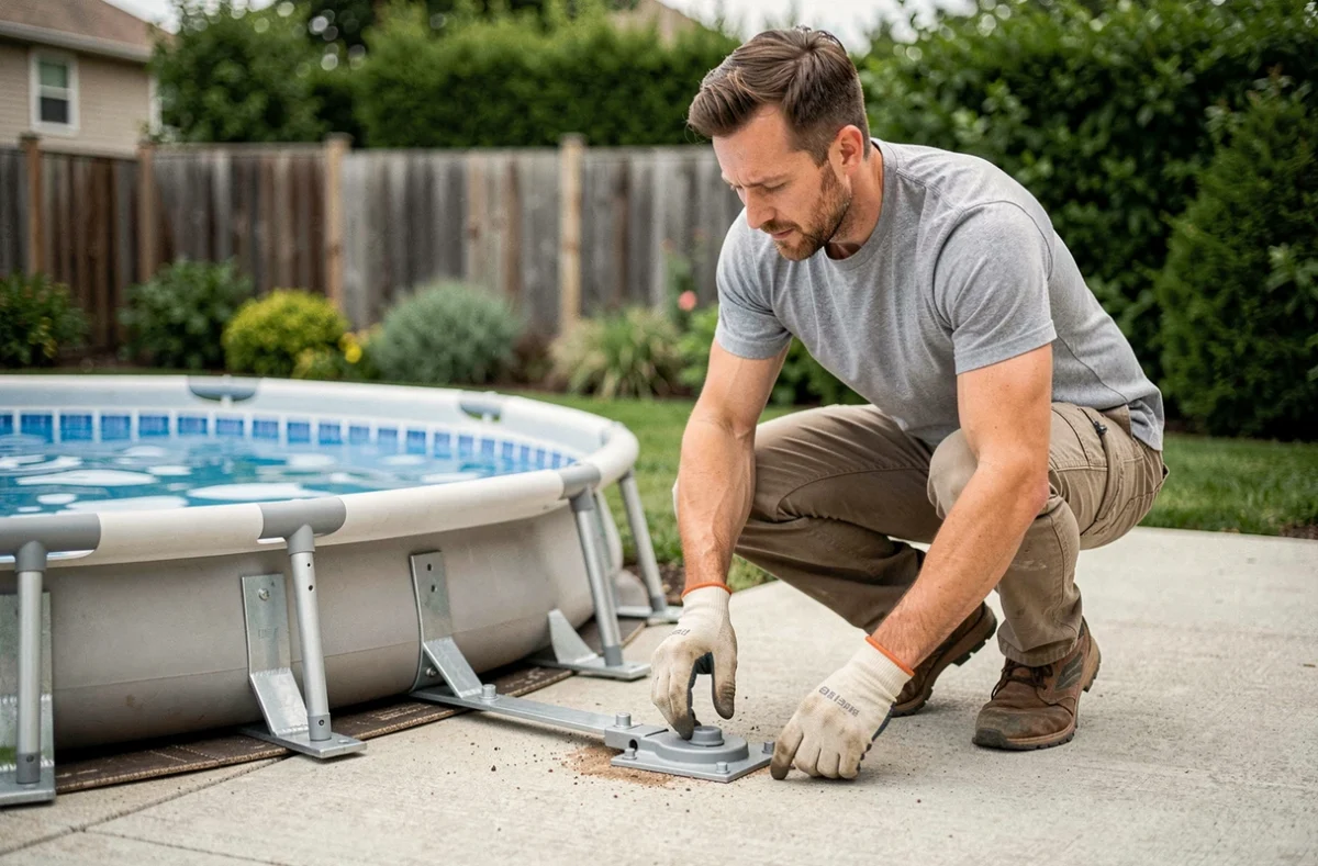 Homme inspectant les supports de structure d'une piscine gonflable ronde posée sur une dalle en béton dans un jardin pavillonnaire