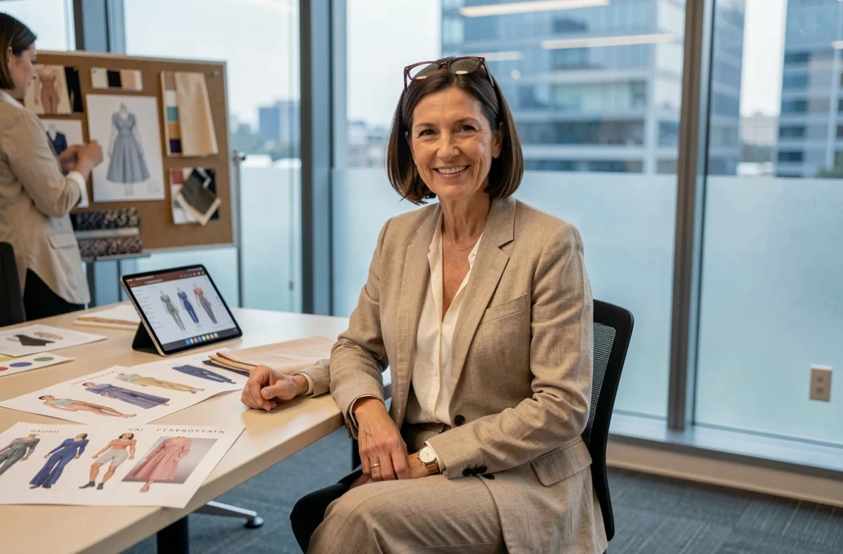Directrice artistique analysant des créations de mode générées par intelligence artificielle dans un bureau collaboratif contemporain