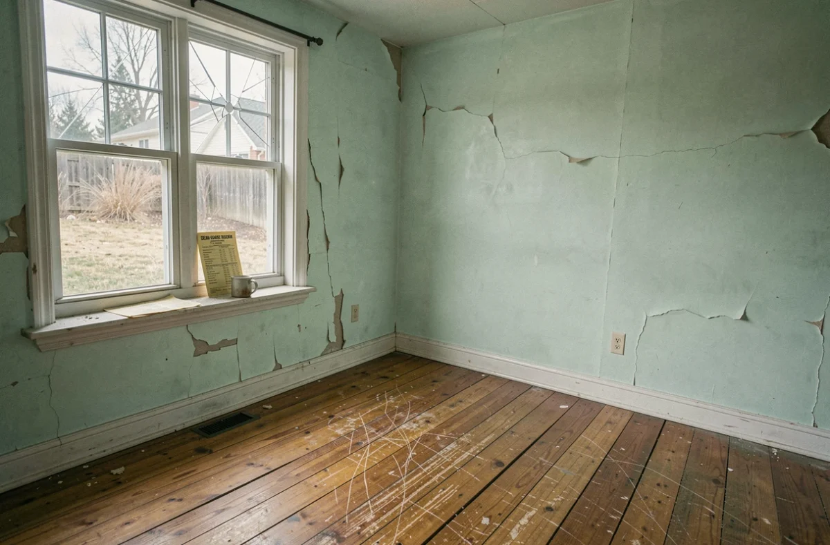 Intérieur vétuste d'une maison vendue à bas prix avec parquet rayé et murs en plâtre écaillé