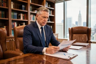Investisseur fortuné en costume marine assis à un bureau en acajou dans un bureau privé luxueux avec vue sur la ville