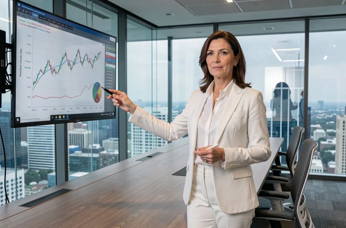 Femme investisseuse en blazer présentant des graphiques financiers dans une salle de réunion moderne avec vue panoramique