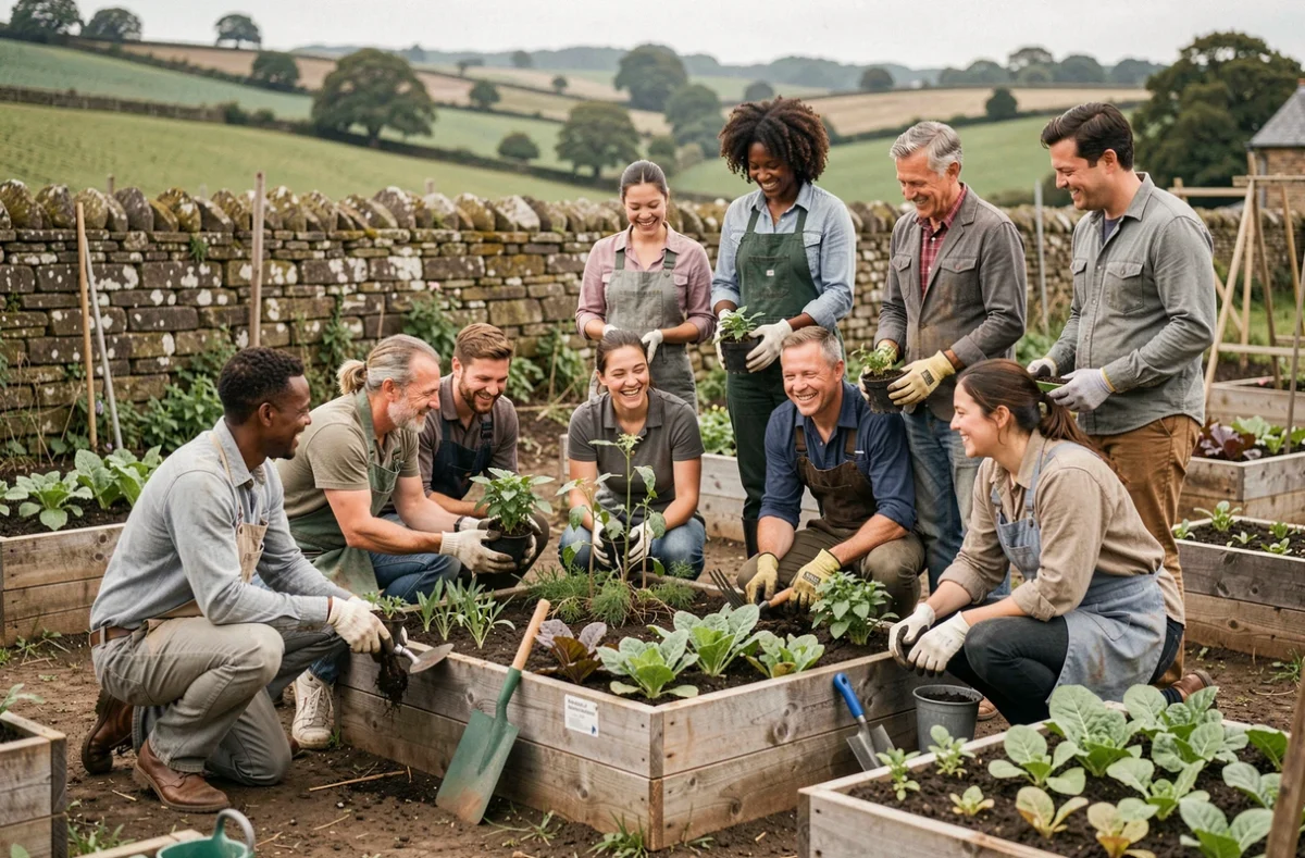 Atelier jardinage communautaire dans un potager de village avec bénévoles de tous âges travaillant ensemble