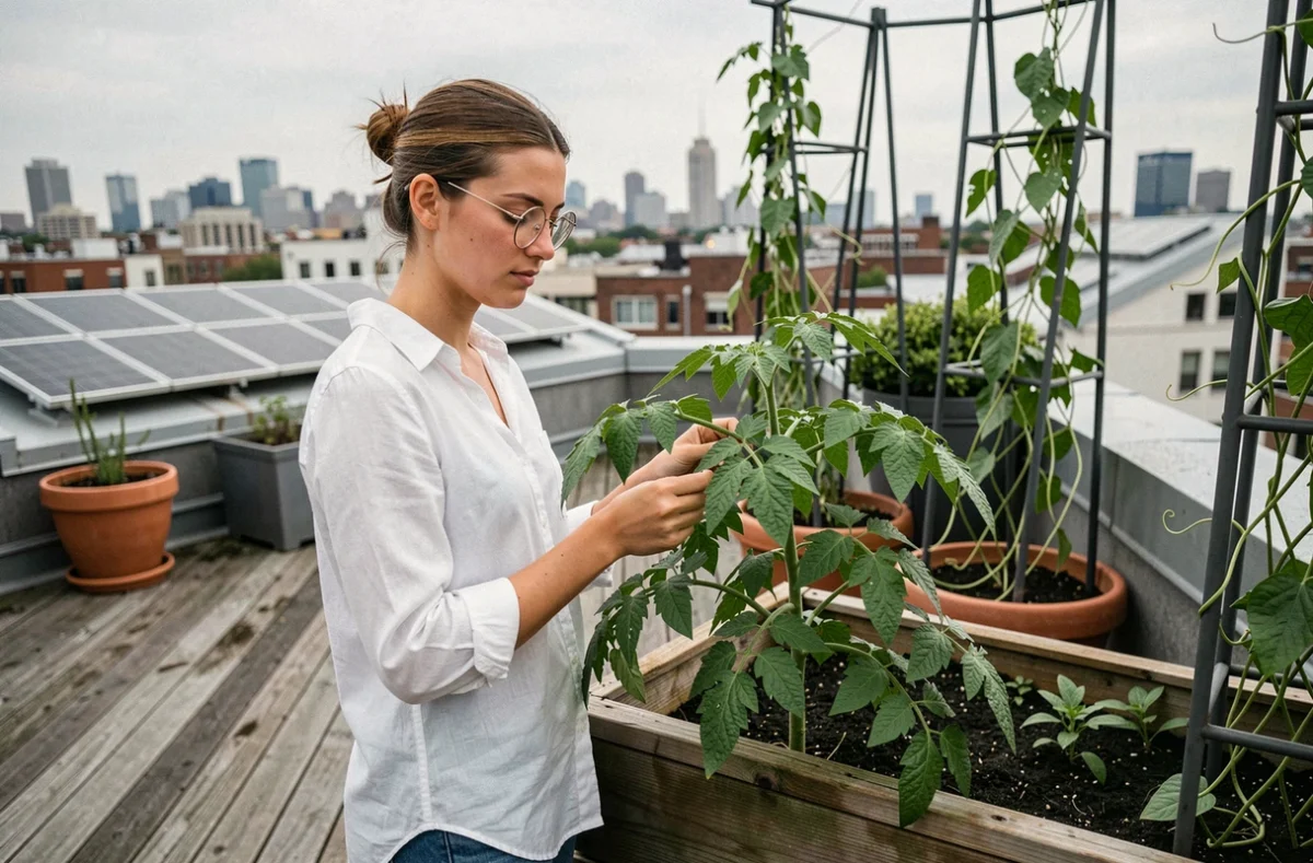 Femme inspectant des plants de tomates dans un potager urbain sur un toit avec vue sur la ville et panneaux solaires