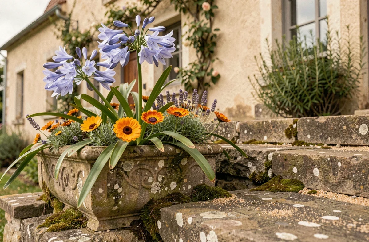 Jardinière en pierre avec agapanthes, gazanias et lavande naine sur des marches d'une maison de campagne