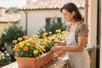 Femme arrangeant des lantanas colorés dans une jardinière en terre cuite sur un balcon ensoleillé