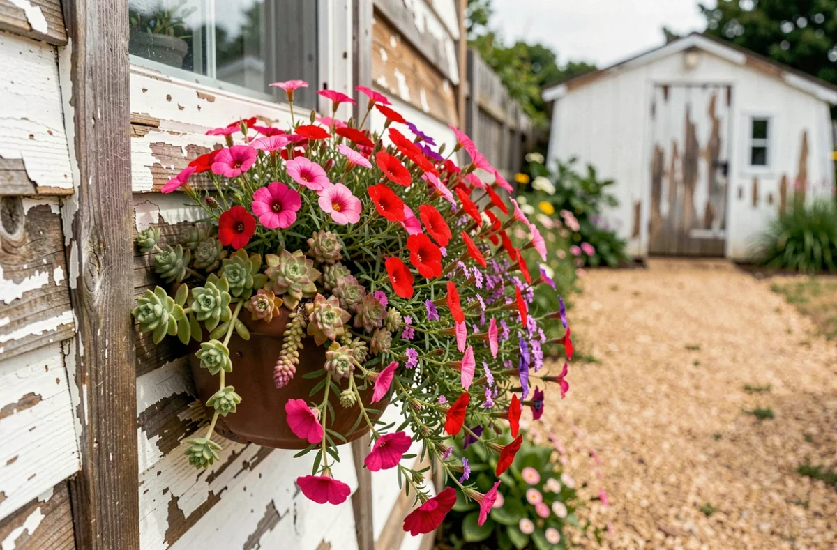 Jardinière pleine de portulacas et de véroniques retombantes accrochée à une clôture en bois au soleil