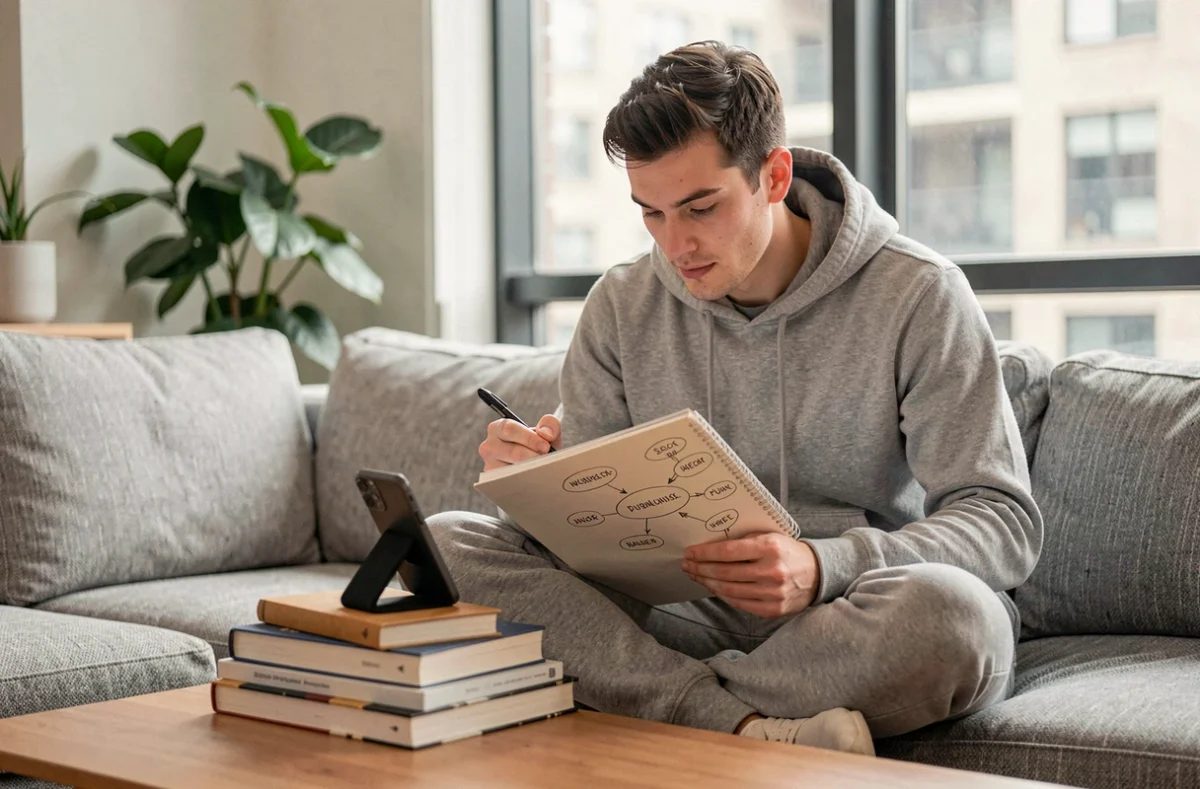 Jeune homme brainstormant des idées pour s'occuper et gagner de l'argent depuis son appartement