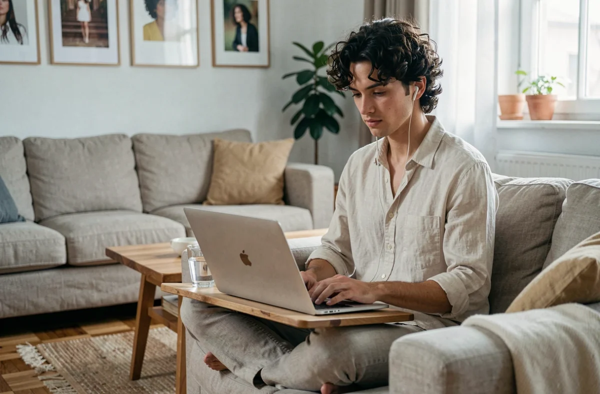 Jeune professionnel en télétravail assis sur un canapé dans un salon confortable avec un ordinateur portable