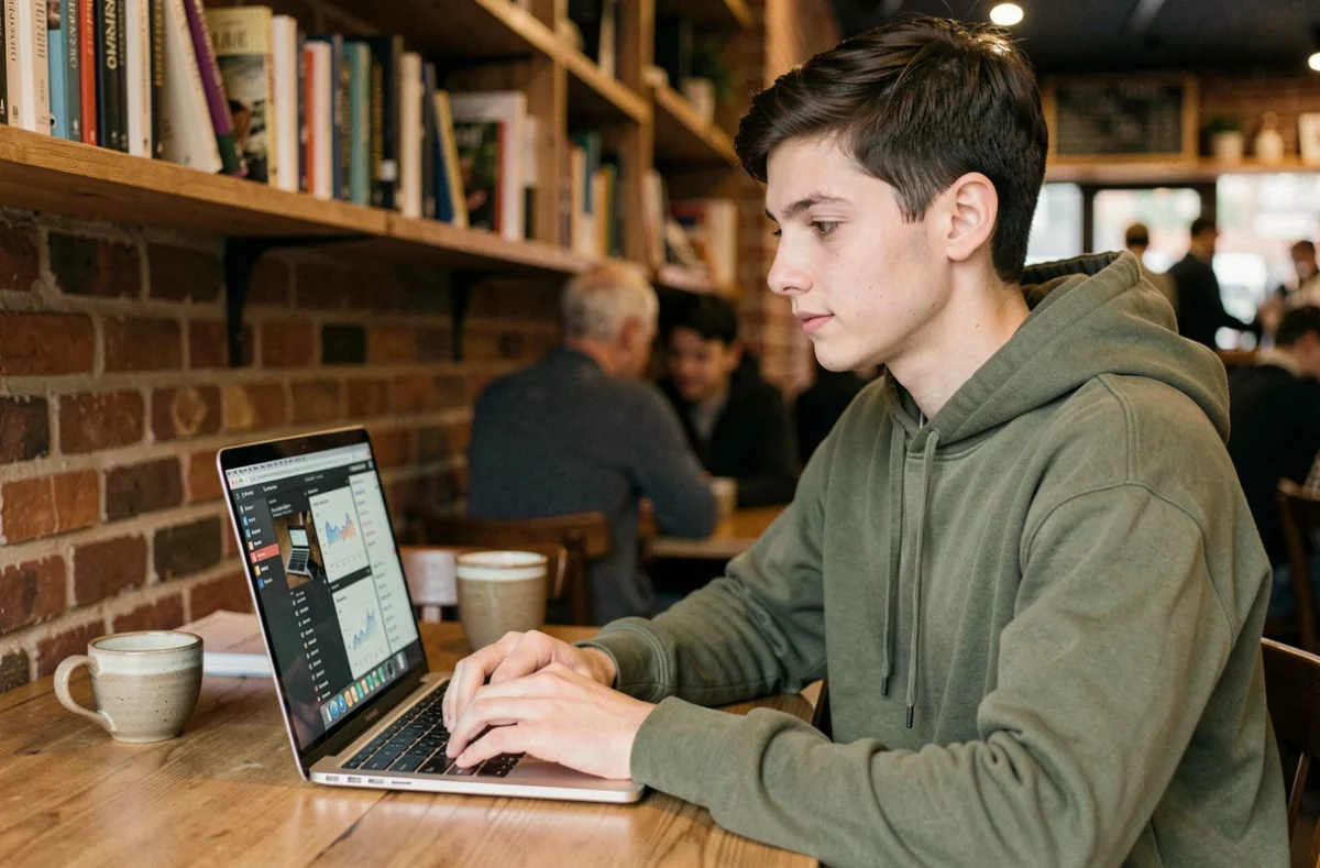 Jeune personne utilisant une interface logicielle sur ordinateur portable dans un café urbain, illustrant la facilité d'utilisation d'une bonne interface