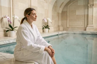 Femme en robe de spa blanche se relaxant au bord d'une piscine intérieure dans un spa parisien de luxe
