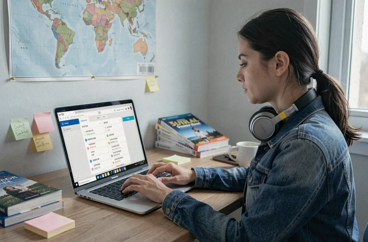 Jeune femme testant un logiciel de traduction en direct sur ordinateur portable à son bureau