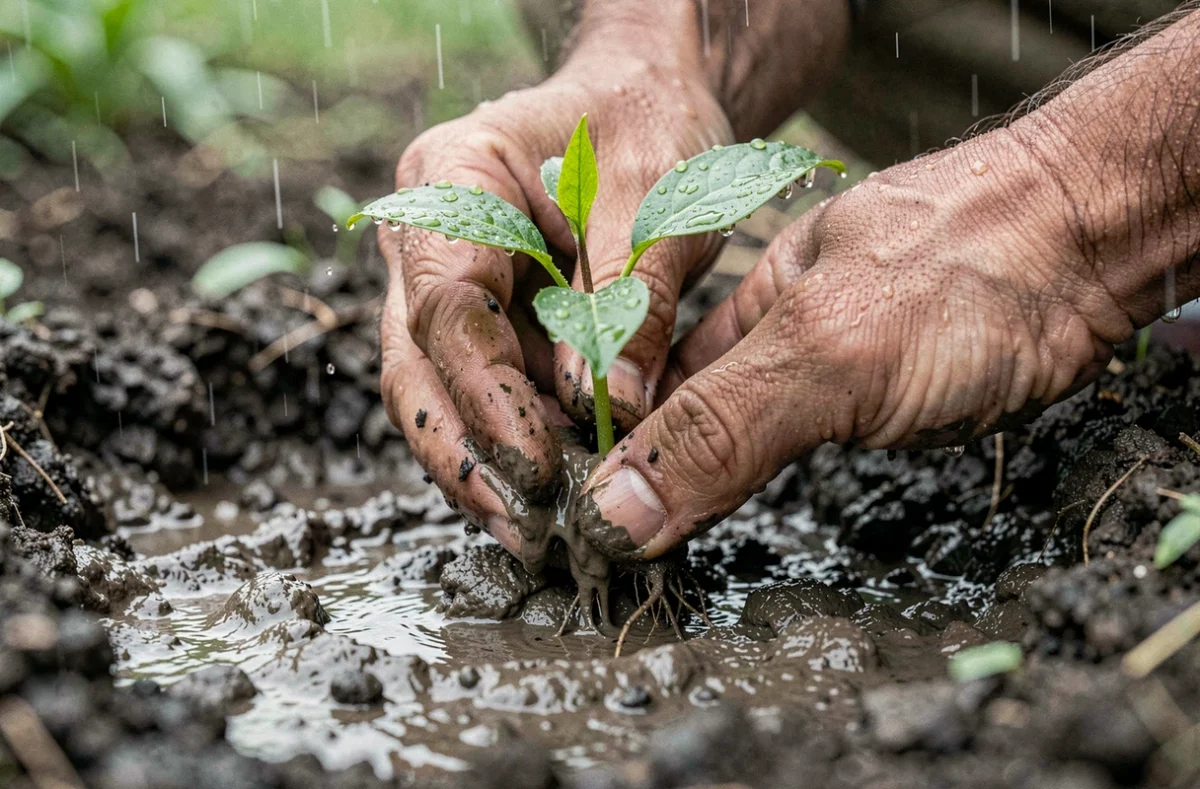 Gros plan de mains plantant un semis dans un sol gorgé d'eau sous la pluie