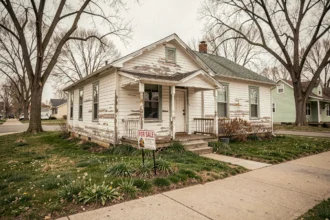 Petite maison modeste en bois avec panneau À Vendre dans un quartier rural américain