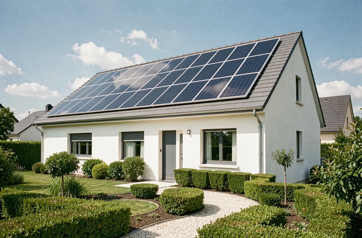 Vue extérieure d'une maison individuelle française équipée de panneaux solaires photovoltaïques en toiture avec jardin aménagé