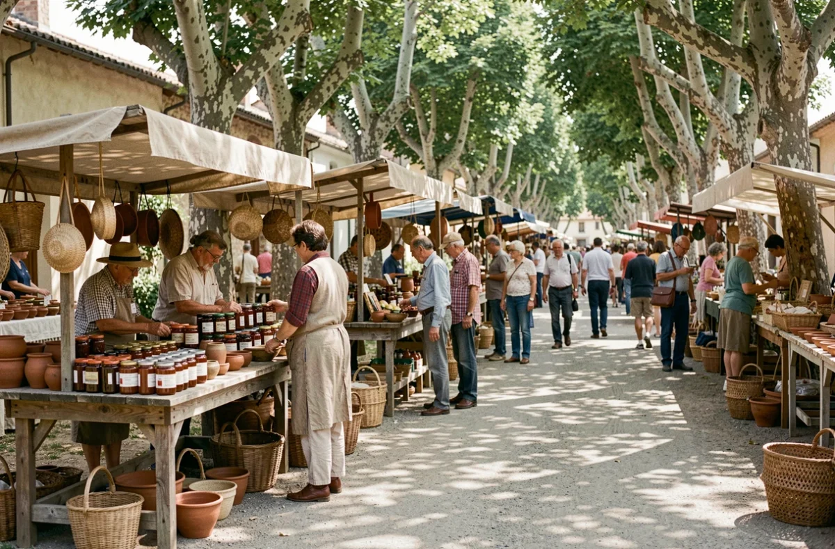 Marché artisanal animé dans une rue de village avec exposants et visiteurs découvrant les produits locaux