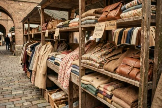 Stand de marché aux puces vintage avec vêtements d'occasion des années 1950 et 1960 sur des étagères en bois usé dans un marché parisien en plein air