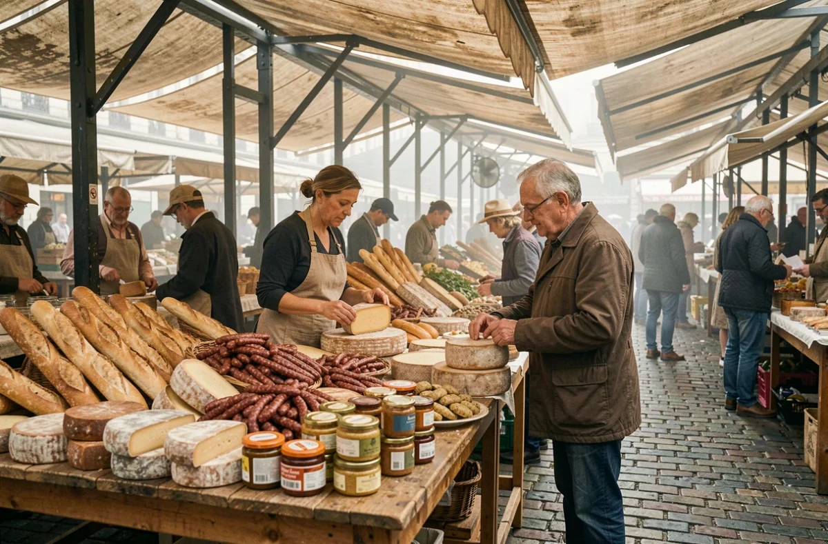 Marché gastronomique traditionnel à Lyon avec fromages et charcuteries artisanales