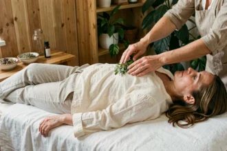 Femme recevant un massage aux compresses d'herbes aromatiques lors d'une séance de naturopathie en cabinet