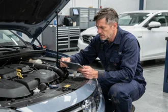Mécanicien inspectant le moteur d'une voiture hybride dans un atelier automobile, illustrant les coûts de maintenance élevés des véhicules hybrides