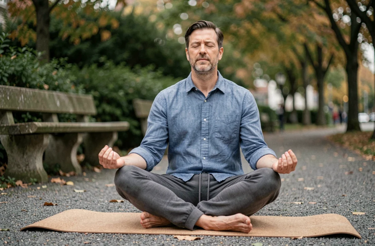 Homme pratiquant la méditation de pleine conscience en plein air dans un parc urbain, technique de gestion du stress recommandée en thérapie