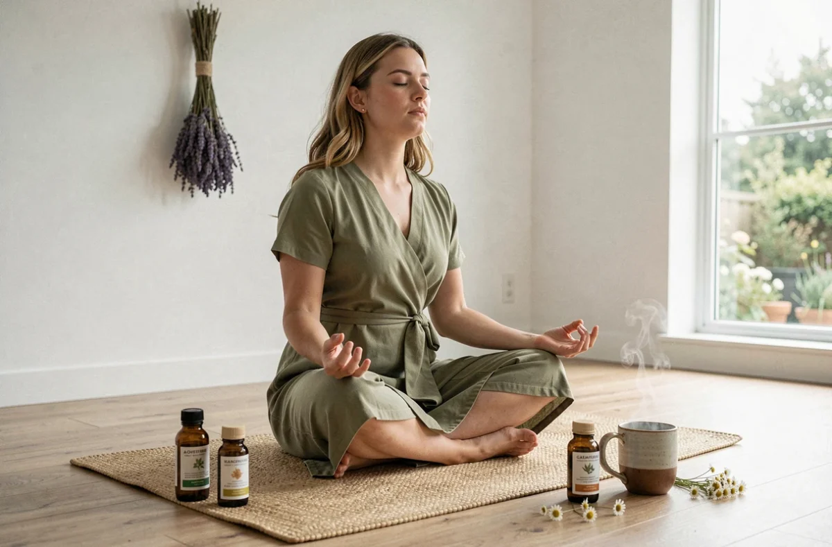 Jeune femme pratiquant la méditation et la respiration guidée dans le cadre d'une thérapie naturopathique de gestion du stress