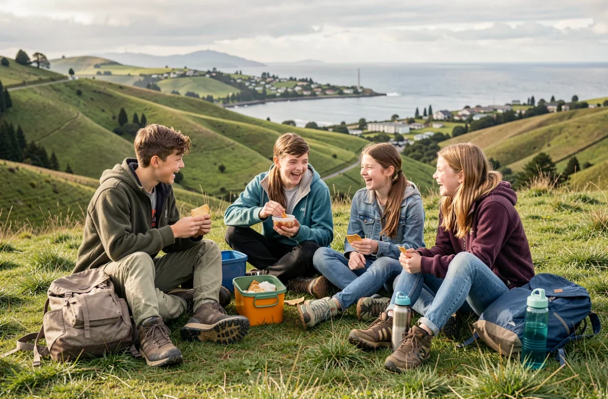 Groupe d'adolescents assis sur une colline verdoyante en Nouvelle-Zélande partageant un repas avec vue sur la côte