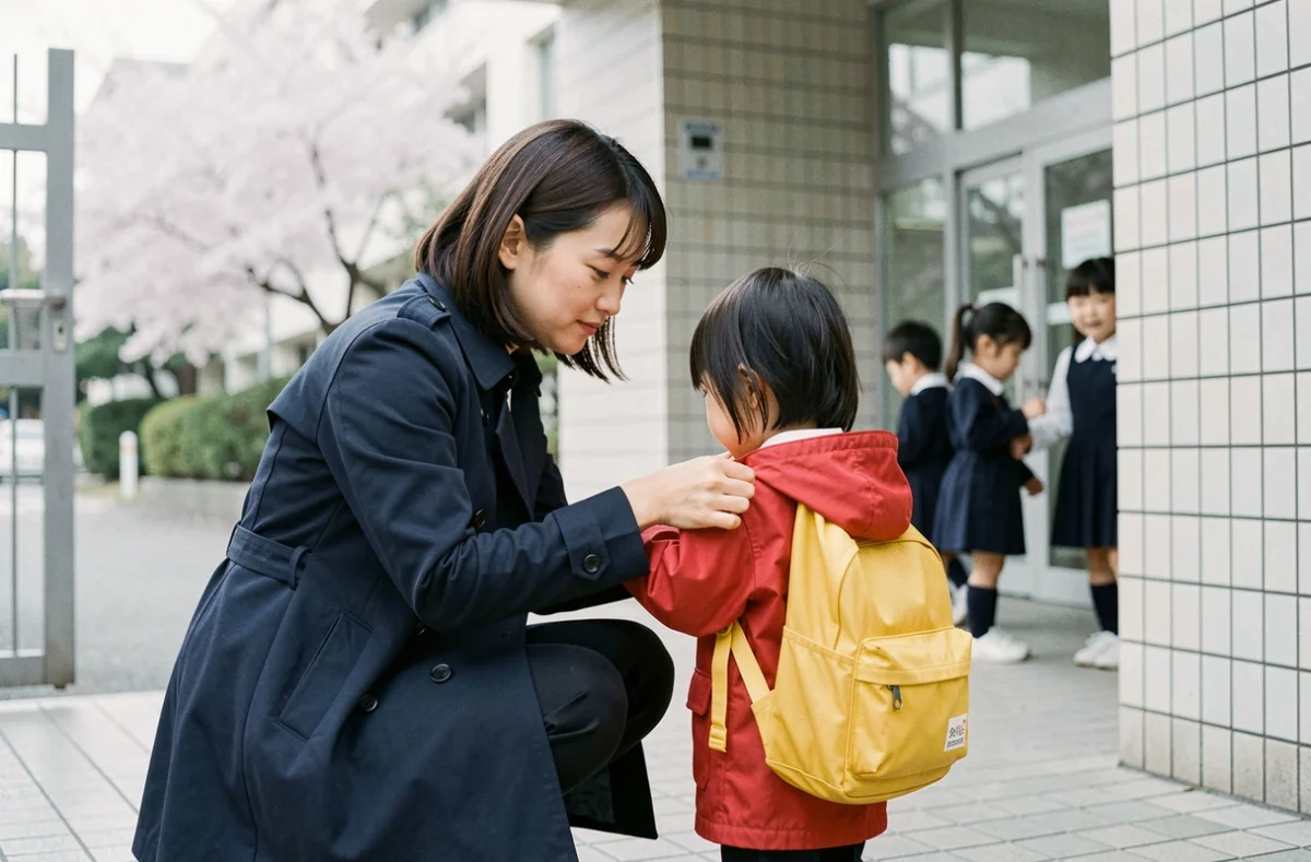 Mère japonaise aidant sa fille devant l'entrée d'une école primaire propre à Tokyo le matin