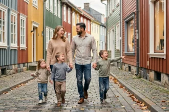 Famille scandinave se promenant dans une rue colorée d'une ville nordique avec leurs enfants souriants en automne