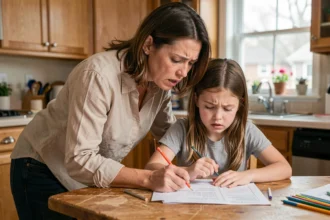 Mère hélicoptère surveillant de près sa fille faisant ses devoirs à la table de cuisine