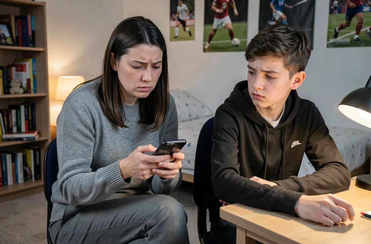 Mère hélicoptère consultant le téléphone de son adolescent dans sa chambre
