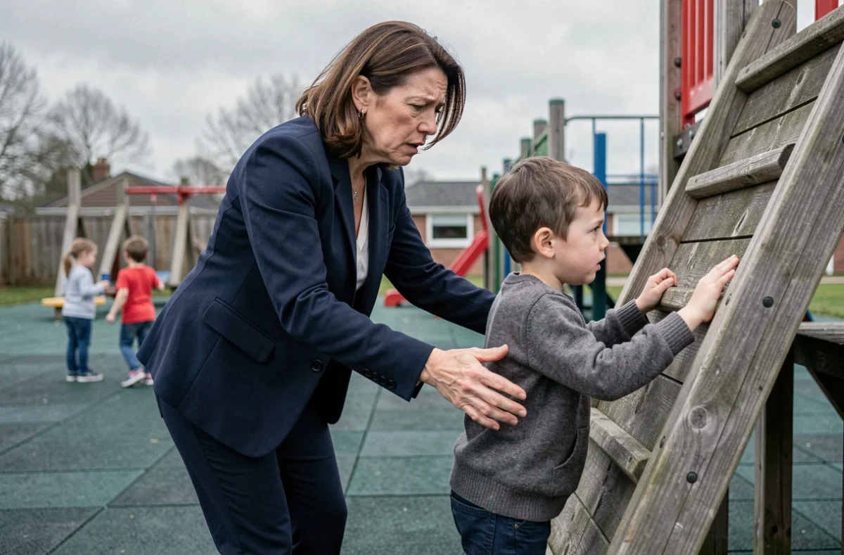 Mère surprotectrice surveillant son enfant sur une aire de jeux extérieure