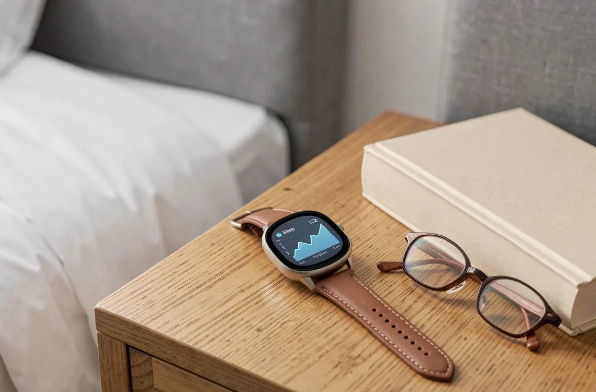 Montre connectée affichant des données de suivi du sommeil posée sur une table de nuit en bois, avec un livre et des lunettes