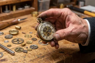 Montre de poche vintage ouverte tenue dans la main d'un horloger, symbolisant le tic-tac du temps