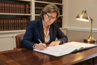 Notaire signant des documents de radiation d'hypothèque dans un bureau professionnel