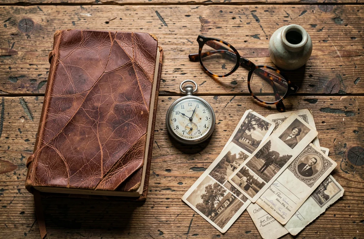 Vue à plat d'objets anciens de seconde main sur une table en bois brut incluant montre de gousset, journal en cuir et cartes postales sépia évoquant l'histoire de la revente